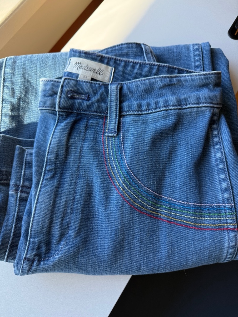 Madewell Cropped Denim Wide Leg Jeans with Rainbow Pocket Stitching - size 25